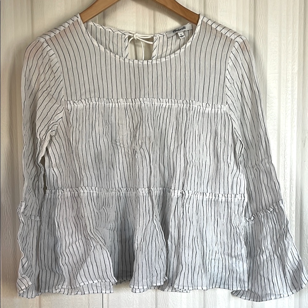 MADEWELL Tiered Navy Striped White Gauze Blouse SMALL
